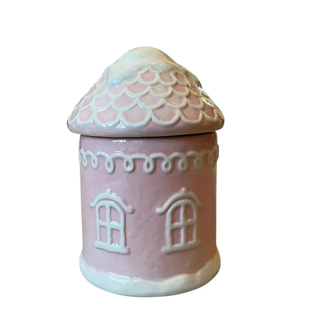 Pinkmas Gingerbread House Ceramic Canister Cookie Jar 7.5in Holiday NEW
